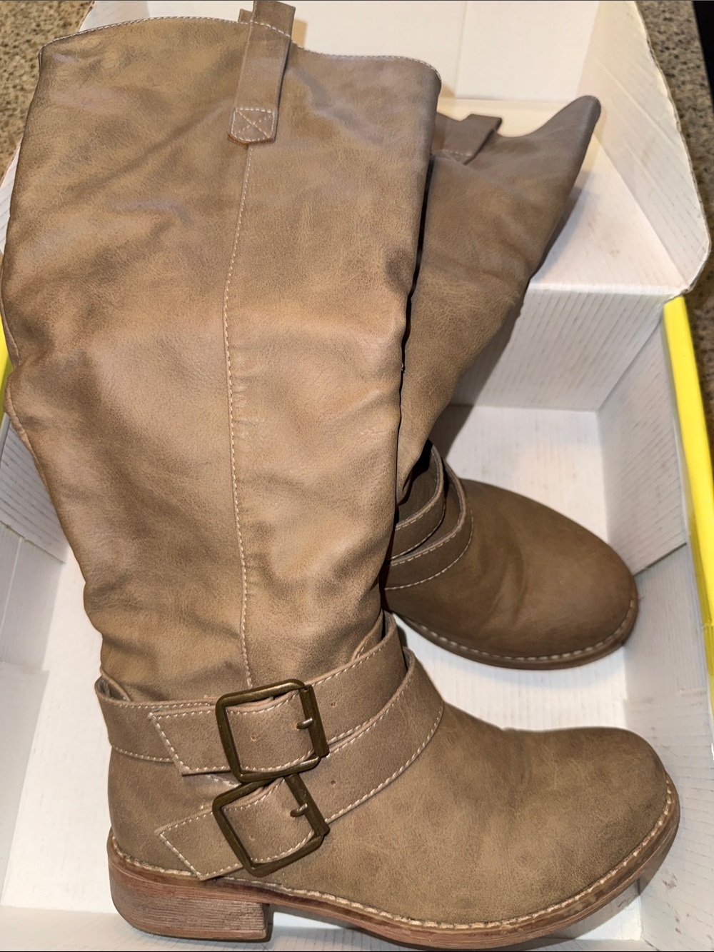 Cathy Jean Taupe Brown Mid-Calf Buckle Boots